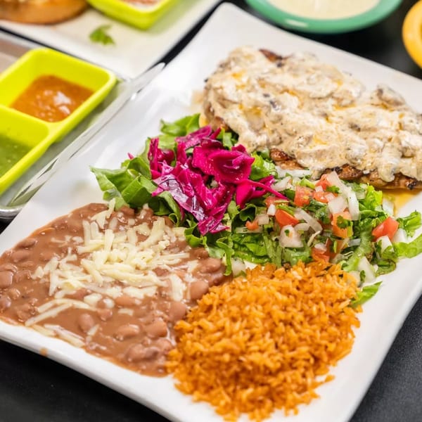 A white plate with chicken in cream sauce, rice, refried beans, and two types of salad.